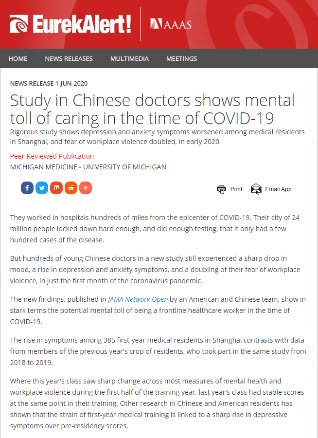 Professor Weidong Li publishes new findings on the potential mental toll of COVID-19 frontline healt